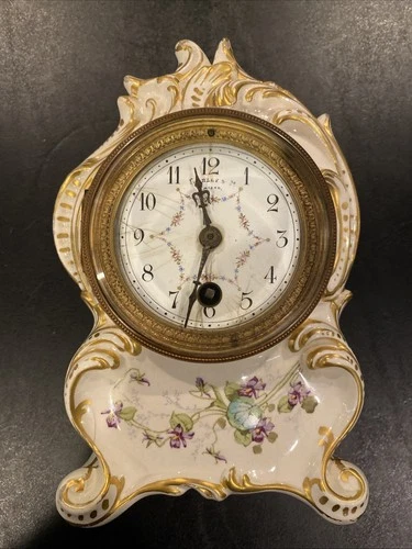 Antique Porcelain Mantle Clock From France for Burley & Co Chicago Hand Painted