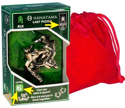 Elch Hanayama Brainteaser Level 6 mit rotem Samt Kordelzugbeutel - Produktbündel