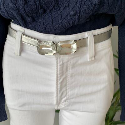 Vintage Silver Leather Belt With Jeweled Buckle Vintage Silver Leather Belt with Jeweled Buckle Women main image 3