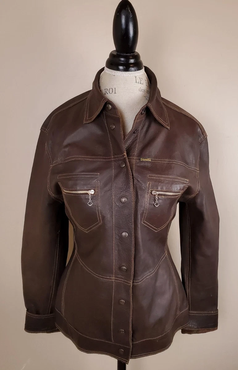 Diesel Womens Brown Leather Jacket Pockets Inside Button Snaps | eBay