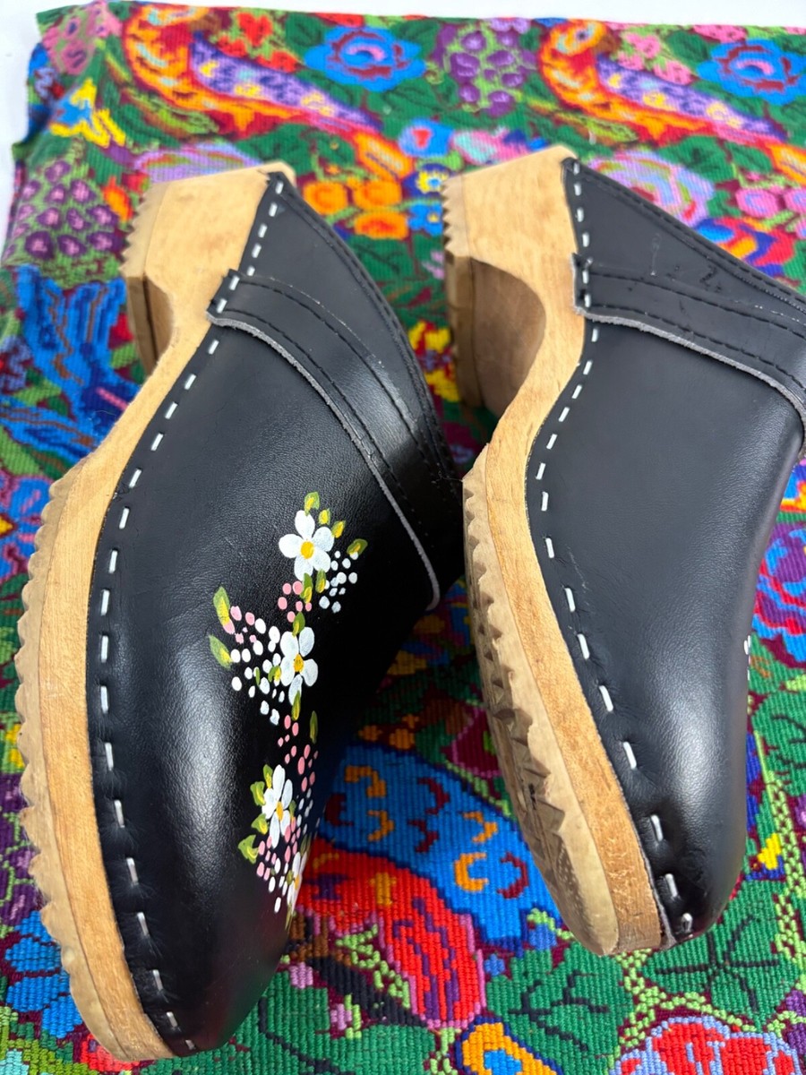Olsson Navy Blue Hand Painted Swedish Wooden Clogs SZ 7-7.5 VGC View 4
