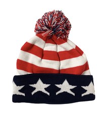 WHITE RED BLUE USA AMERICAN FLAG STARS STRIPES KNIT POM BEANIE WATCH SKI CAP HAT