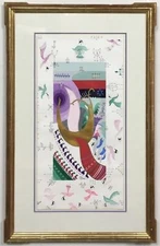 RAPHAEL ABECASSIS "JERUSALEM DOVE WITH HARP" JUDAICA ORIGINAL PAINTING ON PAPER
