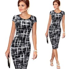 Damen Casual Kleider Kurzarm Bleistift Kleid schwarz Weiß Designer Muster Gr. XL