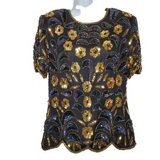 Vintage 80s Floral Beaded Sequined Silk Blouse PM MP Black Gold Scalloped Hems