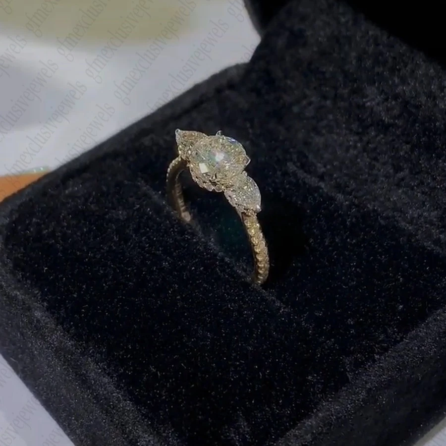 1.65Ctw Round & Pear Moissanite 3-Stones Engagement Ring Solid 14K Two-Tone Gold - Image 2 of 4