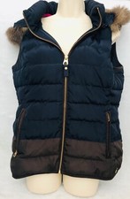 Joules Hooded Vest Navy Blue Brown Color Block Fur Trim Hood Womens Size 10
