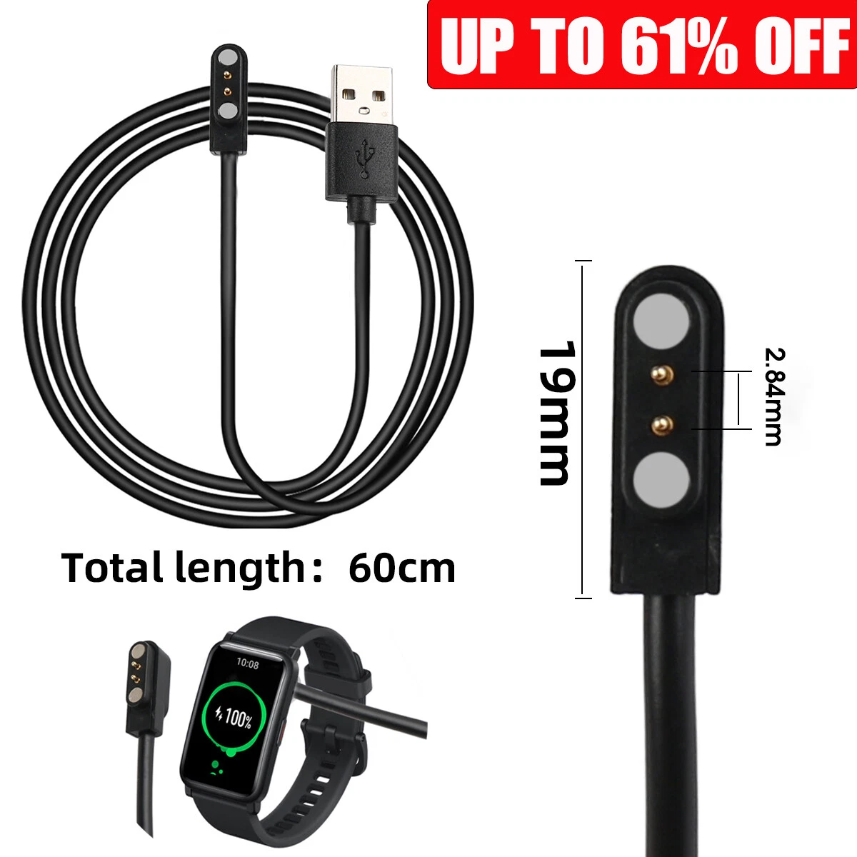 2 Pin Plug Magnetic Charging Cable For Smart Watch Long Lead Charger 2.84mm