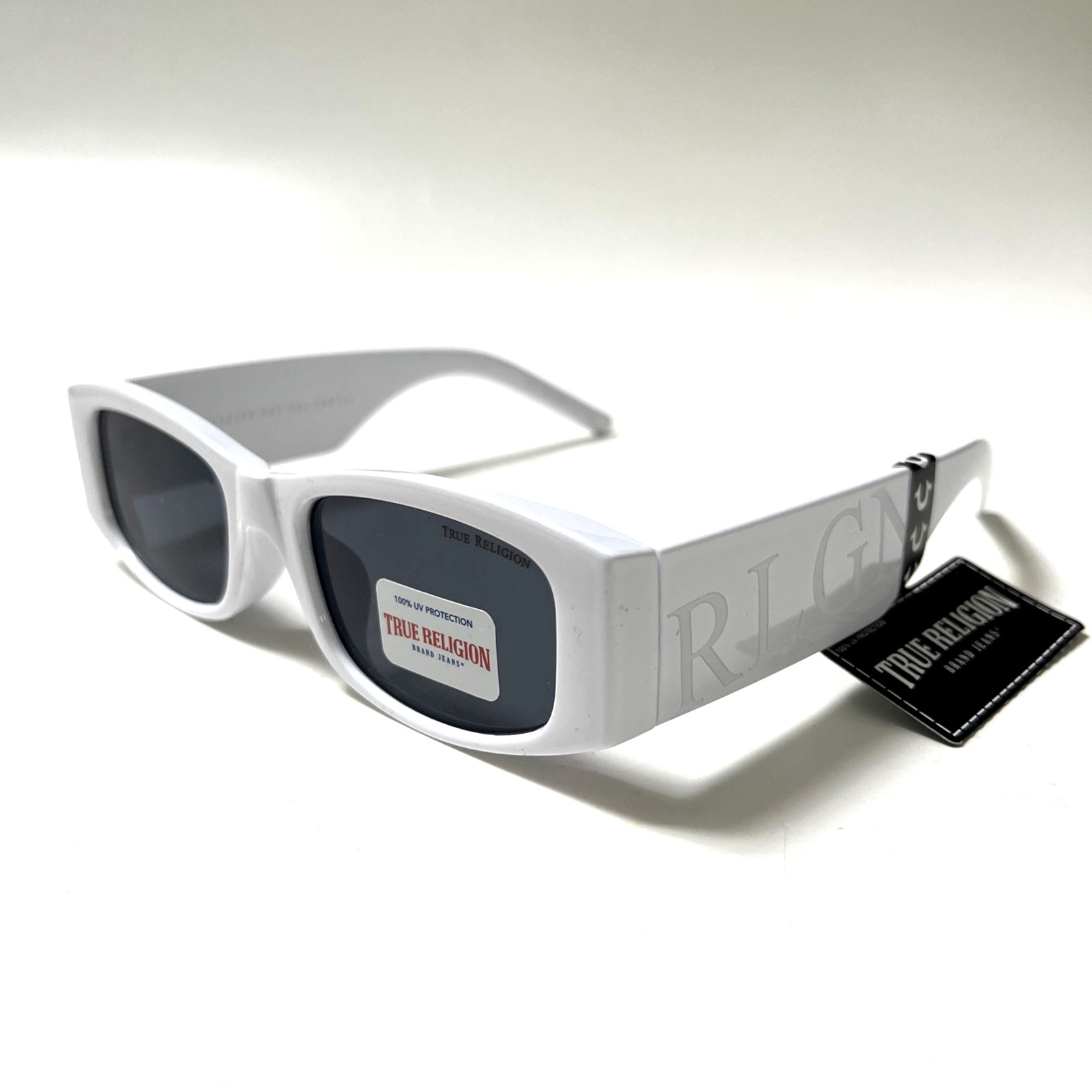 New Original TRUE RELIGION Sunglasses Slim Rectangle Wide Leg Logo White Acetate