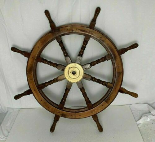 36" Brass Brown Finishing Ship Steering Wheel Pirate Wall Boat Wooden Décor Gift - Afbeelding 1 van 6