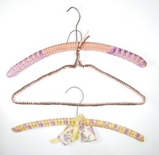 Lot of 3 Vintage Hand Crochet Hangers  Granny  wood metal  Pink Purple Yellow