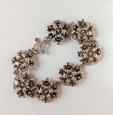Vintage Sterling Silver 925 Floral Bracelet Forget Me Not Flower Bunch Chunky