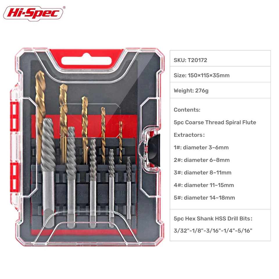 Hi-Spec screw extractor set with HSS drill bits for removing stripped screws and bolts