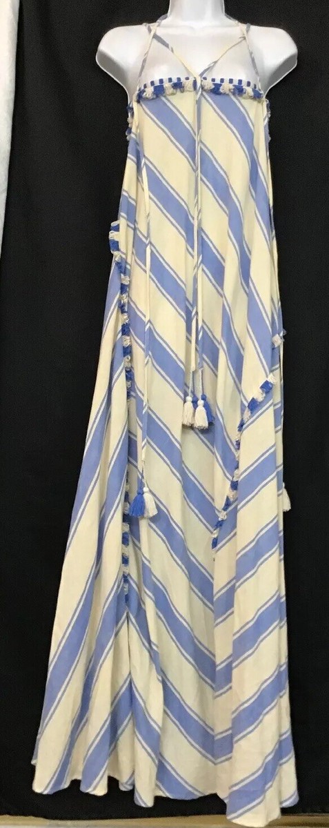 dodo bar or blue dress Maxi And Cream Fringe Trim Spaghetti Straps Size XS White-Peak-Tux