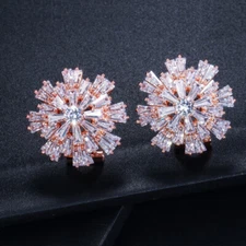Women Sparkly Cubic Zirconia Big Snowflake Rose Gold Plated Bridal Stud Earrings