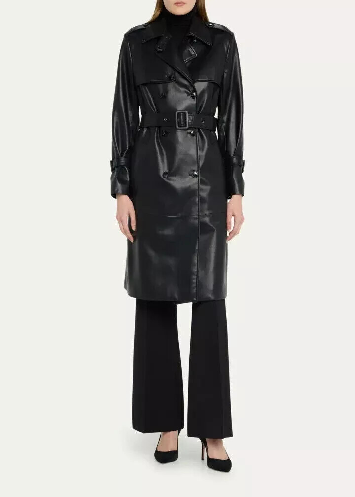 Stylish Black Long Formal Outdoor Handmade Women's Lambskin Leather Trench  Coat