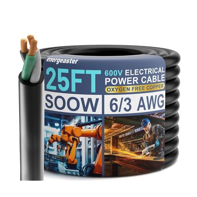 Electric 6/3 SOOW Bulk Cable-6 Gauge 3 Conductor-Rated for 600V, 50A -Water &...