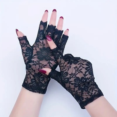 Damen Polyester Spitzen Handschuhe Halbfinger Vintage Blumen Sonnenschutz Design