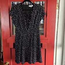 Wyldr Women's Navy Blue White Polka Dot Tie Front Midi Cap Sleeve Dress Size S