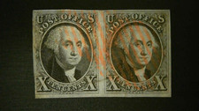 U S Stamps Scott 2 ten cent Washington red cancel used pair cv 2750.00