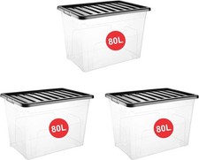 3 x 80L Clear Plastic Storage Boxes with Black Lids Home Kitchen Stackable Boxes