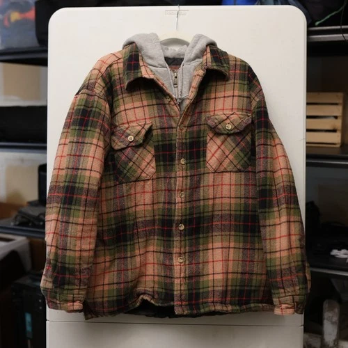Moose Creek Mens XL Quilted Lined Flannel Hooded Shirt Jacket Plaid Green Peach video thumbnail