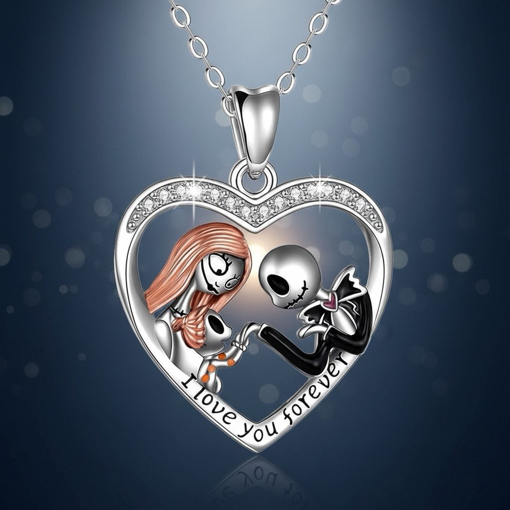 The Nightmare Before Christmas Jack & Sally I Love You Forever Heart Necklace