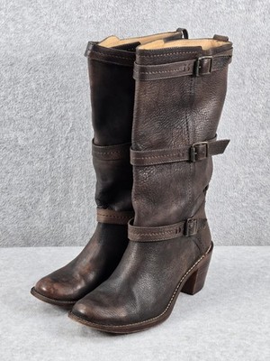 Frye Boots Womens 10 B Carmen 3 Strap Brown Distressed Leather Riding Boho Moto