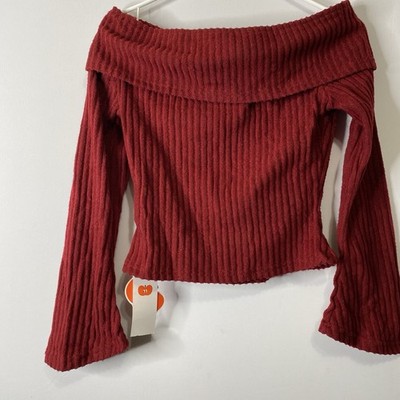 Cider Knit Off Shoulder Cropped Ribbed Red Bell Sleeve Sz Small COTTAGECORE