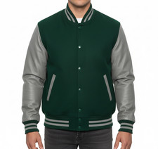 Varsity Letterman Forest Green Wool  Grey Cowhide Leather Sleeves Bomber Jacket
