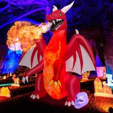 Tangkula 8 FT Halloween Inflatable Fire Dragon, Blow-up Red Dragon with Wings