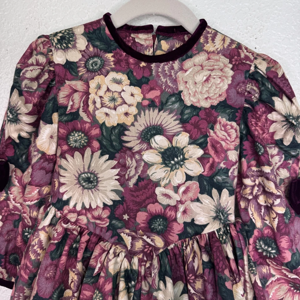 Vestido Vintage Jayne Copeland Niñas 4 Lazos Florales Terciopelo Tul EE. UU. 90s Borgoña Foto 4 de 4
