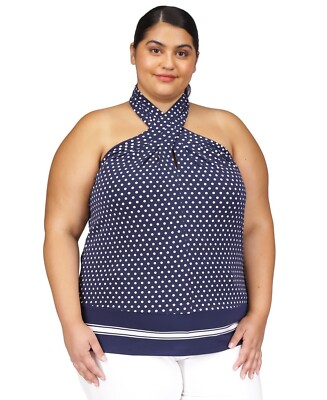 Michael Kors Plus Size Dot-Print Border-Hem Halter Top, Midnight Blue, 2X