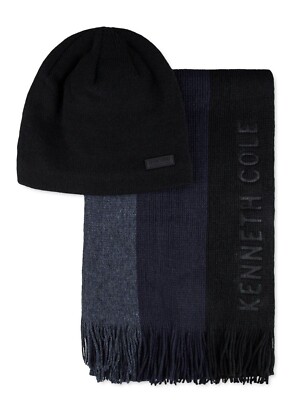 New Mens Kenneth Cole Reaction Navy Knit Beanie and Striped Scarf