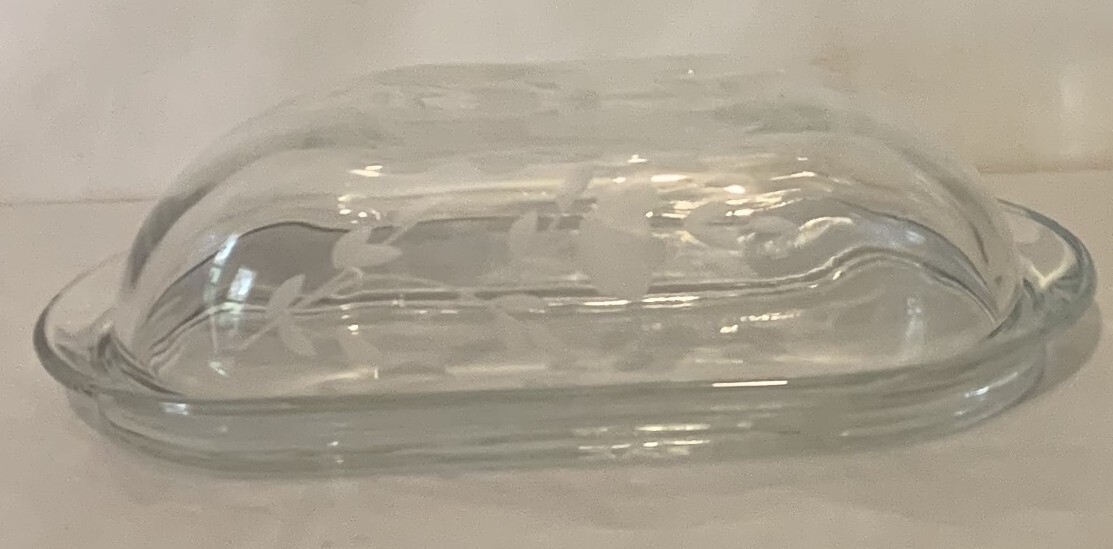 Floral Etched Glass Butter Dish with Clear Lid  