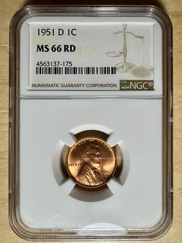 1951-D Lincoln Cent 1¢ - NGC MS 66 RD FULL RED - Gorgeous!     #175