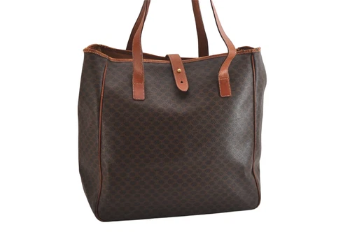 Authentic CELINE Macadam Blason Shoulder Tote Bag PVC Leather Brown 7408M