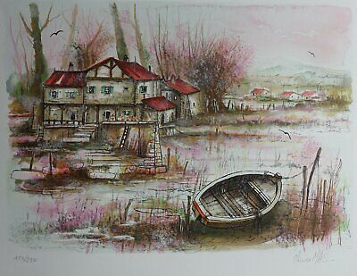 Olivier Mas: Das Boot Am Teich, Original Signierte Lithografie, 250Ex