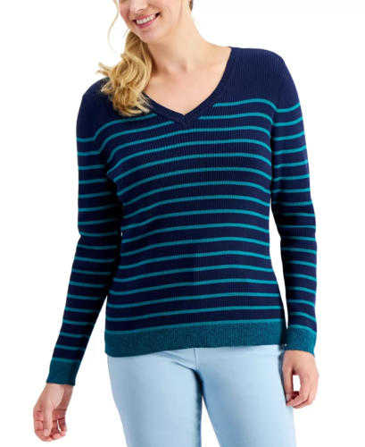Karen Scott Womens Size XL Jenny Striped Rib V-Neck Sweater in Jazzy Teal 434 - 第 1/7 張圖片