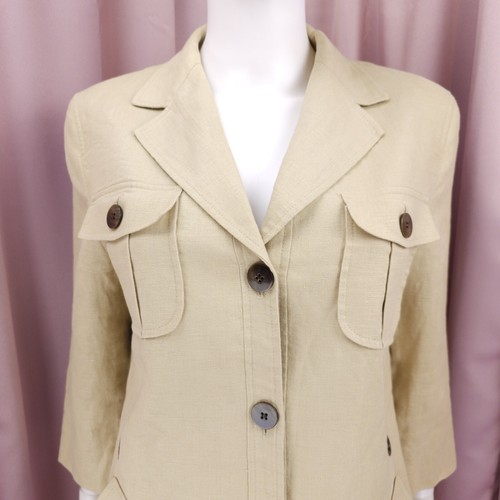 Kasper Women's Beige Linen 3/4 Sleeve Lined Button-Up Military Jacket 10 - Picture 3 of 7