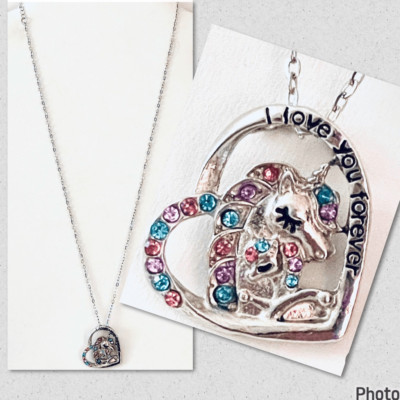 NWT Mom & Daughter Unicorn I Love You Forever silver Chain Rhinestones Necklace