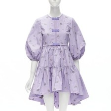 RED VALENTINO purple floral embroidery bow puff sleeve babydoll dress IT36 XS