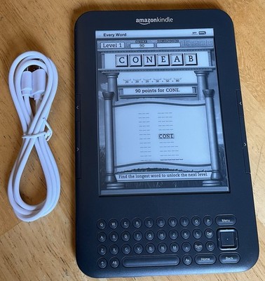 Kindle Keyboard, NEW battery, Every Word game, books & new cord. Amazon K3