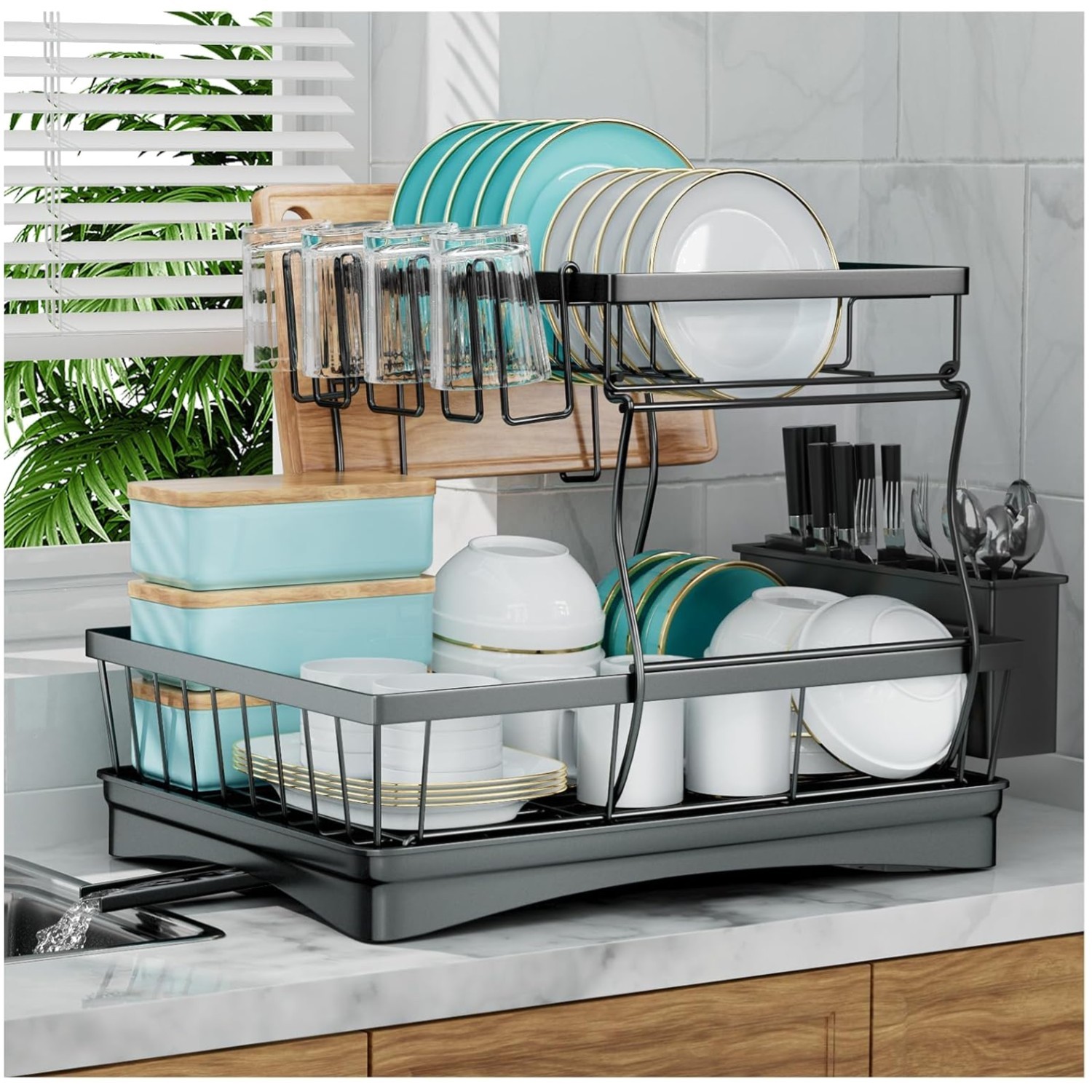 Detachable Two Tier Dish Rack Utensil Holder