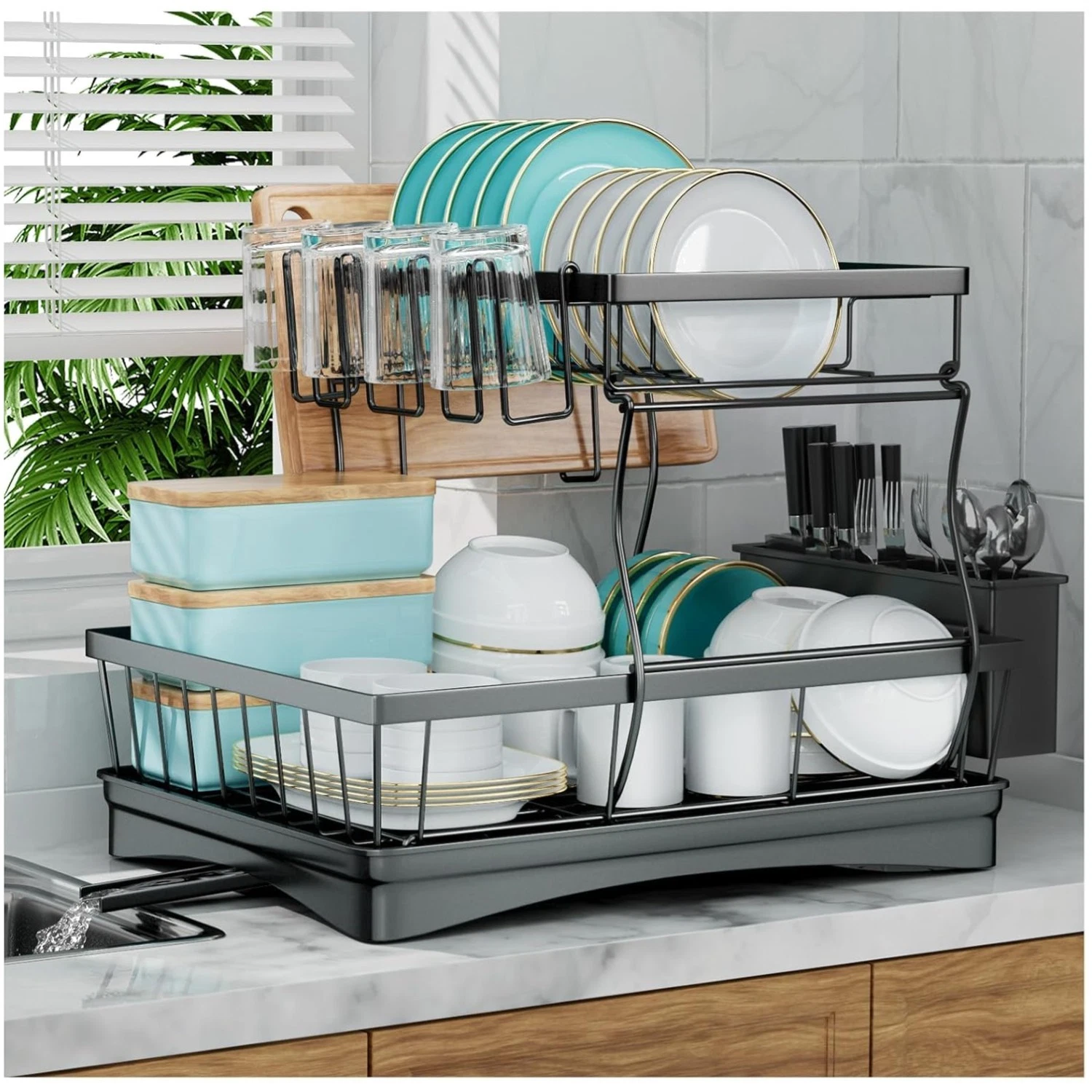 Detachable 2 Tier Dish Rack with Utensil Holder