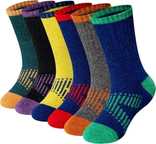 Kids Merino Wool Hiking Socks, Winter Boot Socks, 6 Pairs
