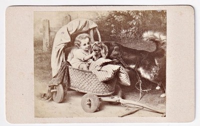 Hund dog Kind Baby Spazieren painting Gemälde CDV photo Foto 1870