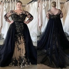 Gothic Black Plus Size Wedding Dress with Detachable Train LaceApplique Illusion