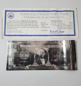 National Collector's Mint U.S 2000 $1 .999 Fine Silver Certificate w/ COA