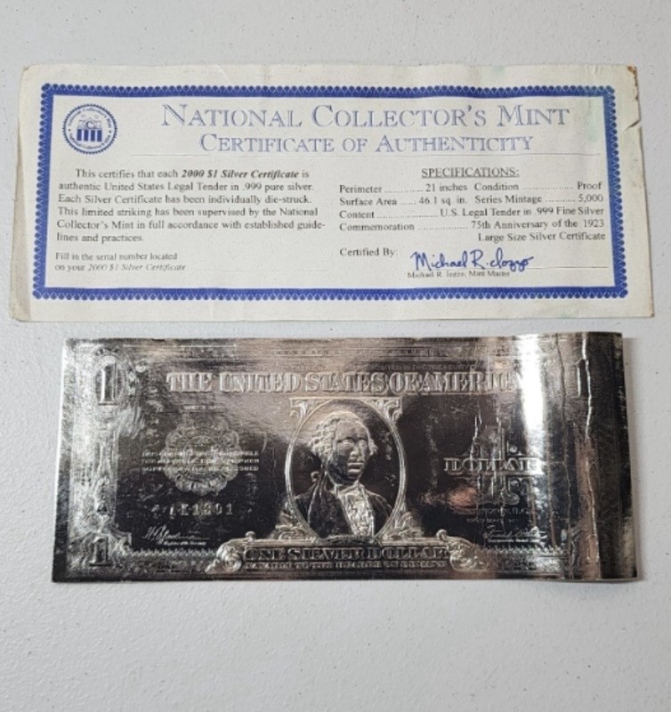 National Collector's Mint U.S 2000 $1 .999 Fine Silver Certificate w/ COA